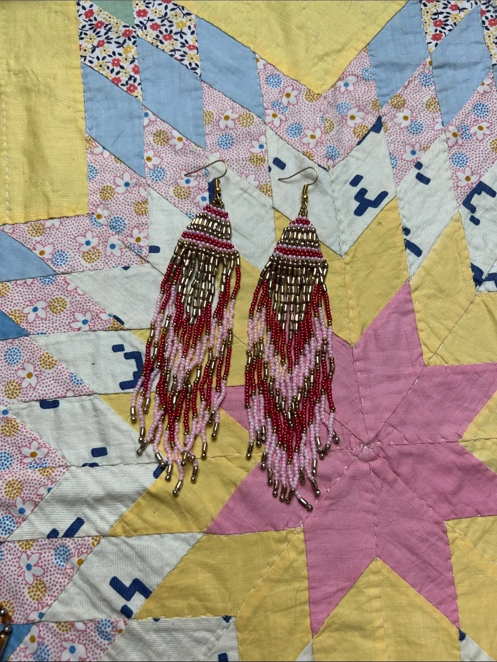 Myra Bags Dramatic Statement, Shoulder-Duster Beaded Earrings in Pink & Gold